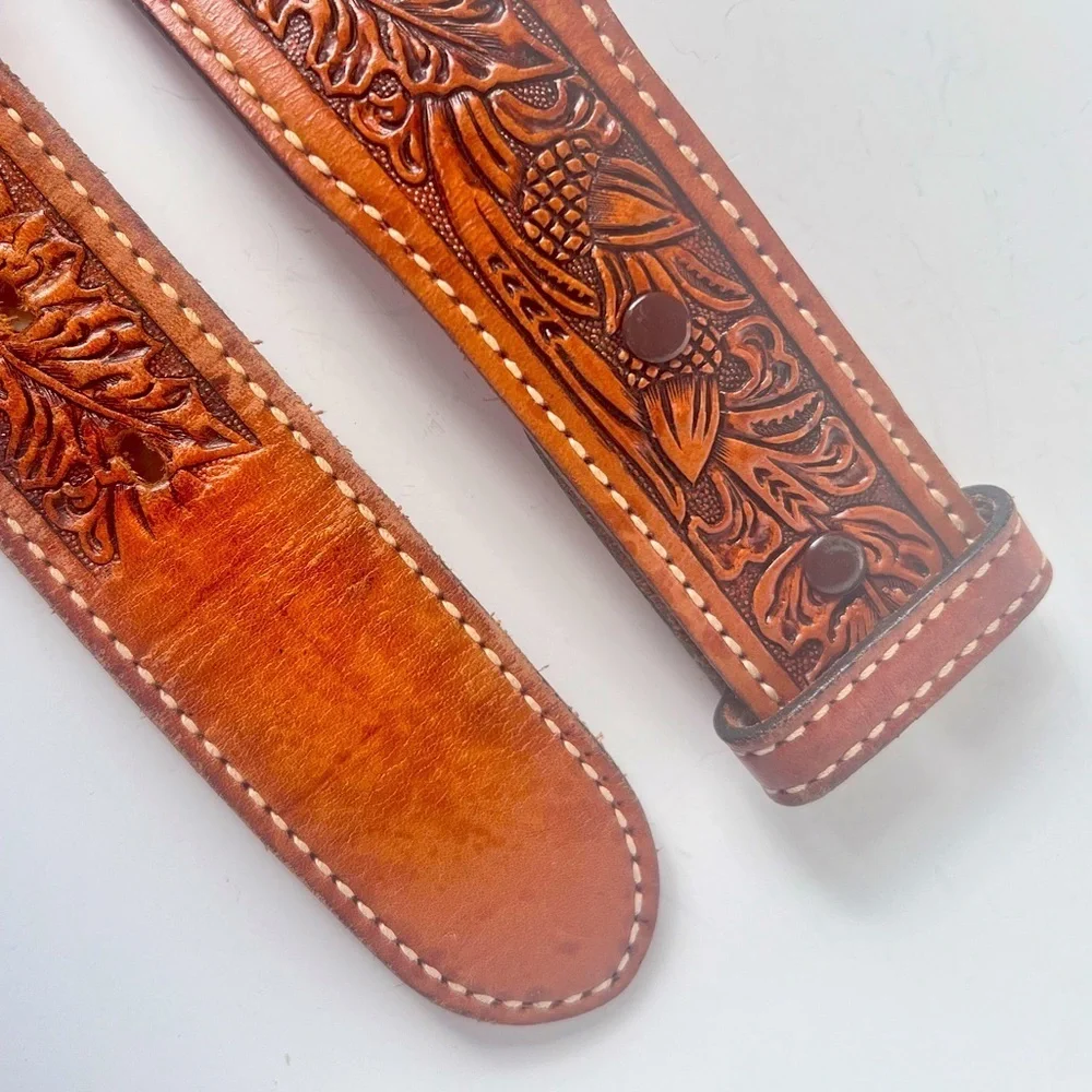 Vintage Brown Leather Tooled Western Style Leather Belt Unisex Casual